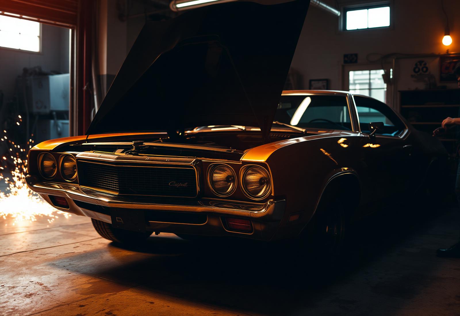 Classic muscle car being serviced in Bill's garage