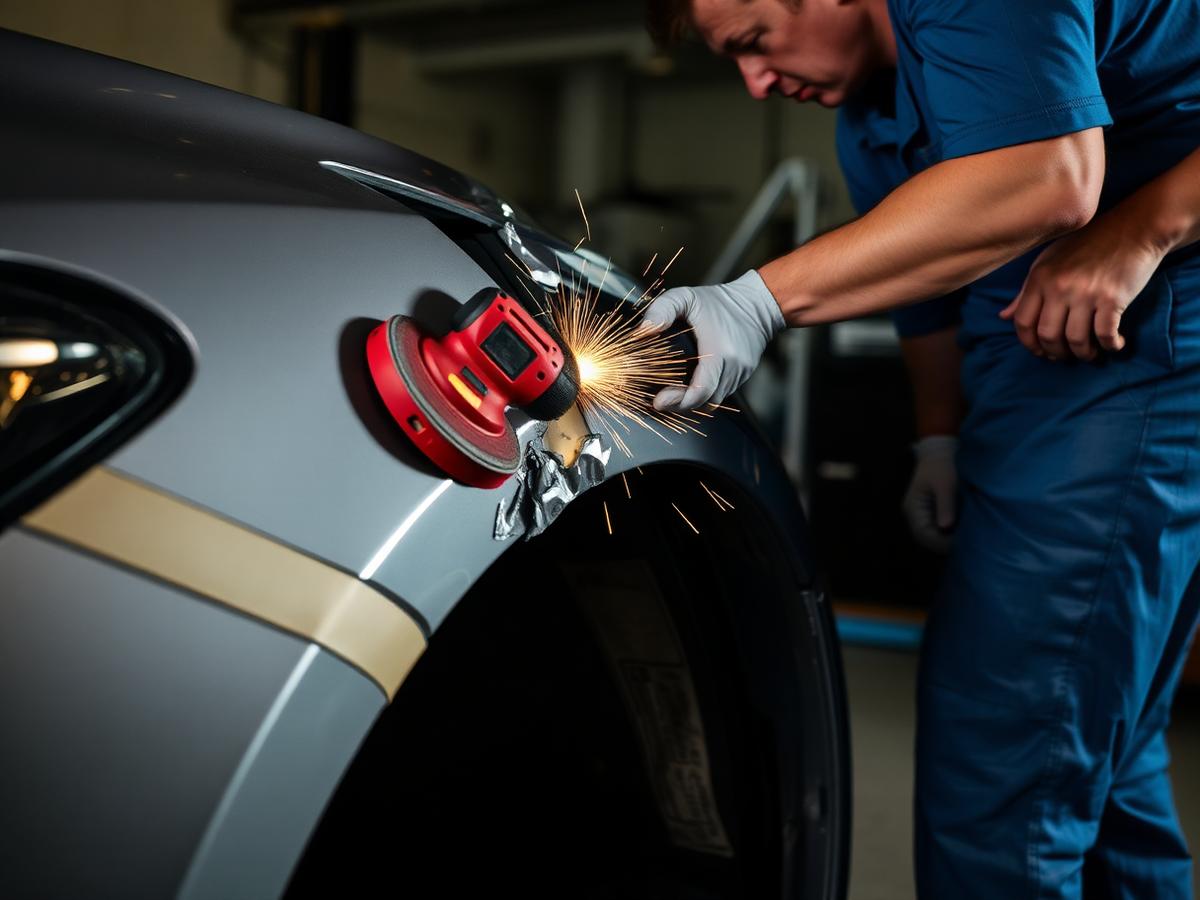 Body shop technician repairing a fender
